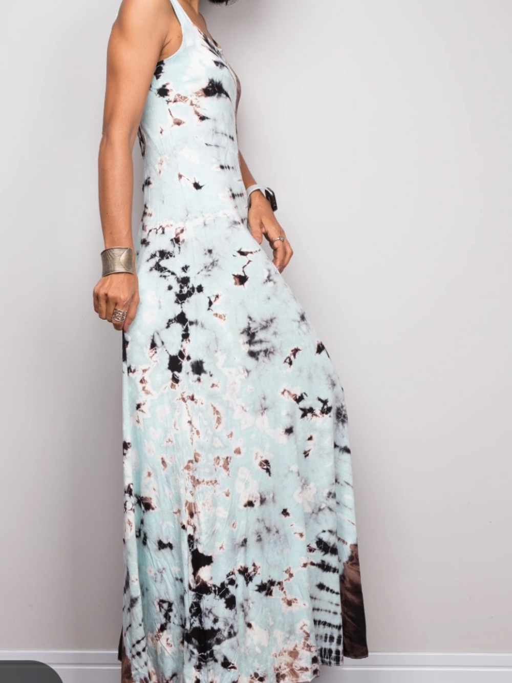 Mahina Hawaii Tie Dye Tank Maxi Dress Blue Brown Dip Dye Ombre Size L Boho Beach